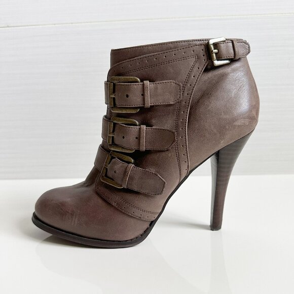 Aldo Brown Leather Ankle Boots Womens Size 8 Buckles High Heel - Picture 1 of 6